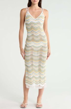 Elan Chevron Fringe Cover-Up Maxi Dress in White Multi at Nordstrom, Size X-Small