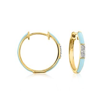 Ross-Simons Pastel Blue Enamel Hoop Earrings With Diamonds in 18kt Gold Over Sterling