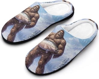 Generic Winter Bigfoot Trout Fish Womens Slippers Warm House Slippers Indoor House Shoes with Anti-Skid Rubber Sole