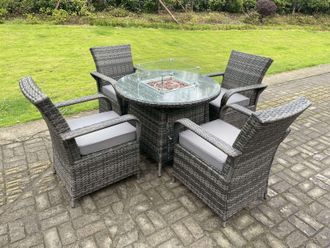 Fimous Rattan Garden Furniture Gas Fire Pit Round Dining Table Gas Heater & Dining Chairs 4 Seater in Dark Grey