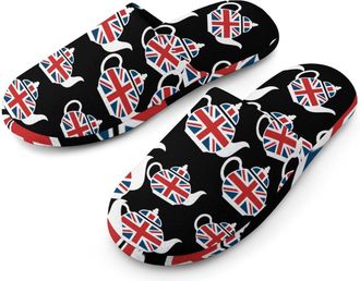 Generic Union Jack Teapot Mens Cozy Memory Foam Slippers Warm Cotton House Shoes Comfy Slipper for Indoor Outdoor