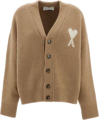 Ami Beige V-Neck Alpaca Wool-Blend Cardigan