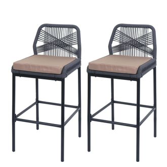 Hhg Hhg - Nunca Usado] Lote De 2 Taburetes De Bar De Cuerda 988, Asiento Exterior De Mimbre De Cuerda Metal, Antracita, Coj&iacute;n Topo