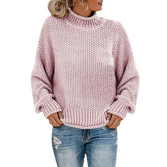 Generic Womens Turtleneck Jumpers Long Sleeve Sweater Block Color Patchwork Casual Loose Jumpers Plus Size Chunky Knitted Pullover Tops Knitwear Round Neck Cl