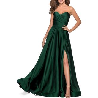 La Femme Strapless Satin Gown with Pleated Bodice and Slit in Emerald at Nordstrom, Size 16