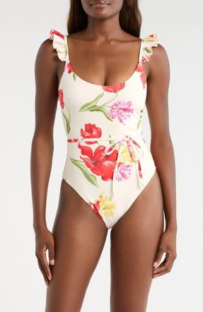 Hutch Materson Belted Ruffle One-Piece Swimsuit in Ivory/Multi at Nordstrom, Size Xx-Small