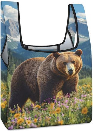 Generic Wild-flower Bear Shopping Bag Reusable Grocery Tote Bag Foldable Handbag for Travel Picnic