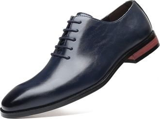 Generic Dress Oxford Formal Shoes for Men Lace Up Round Black Burnished Toe PU Leather Low Top Block Heel Rubber Sole Non Slip Business(Blue,10.5 UK)