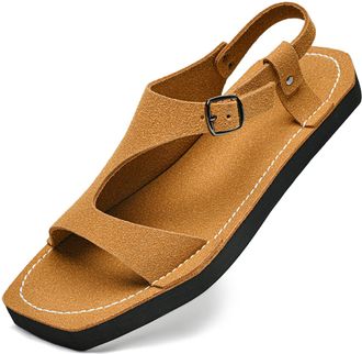 Generic Mens Leather Open Square Toe Lightweight Flats Sandals with Adjustable Strap Comfortable Non-Slip Hand Sewing Outdoor Sandals for Casual Beach Daily (