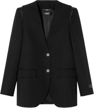 Versace Zwarte Gewatteerde Leren Inzet Jas - Dames - Blazers - Zwart - M - Wol - Jassen