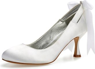 Generic Wedding Shoes Bridal Womens Low Closed Round Toe High Heels Classic Slip on Sexy Satin Stiletto Formal Dress Heel Shoes 7Cm,Ivory White,9 UK