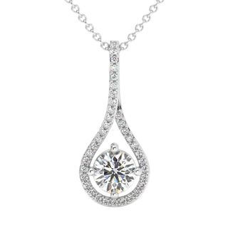 Pompeii3 1 1/10Ct TW Diamond Halo Drop Pendant 14k Gold Necklace Lab Grown 1 Tall