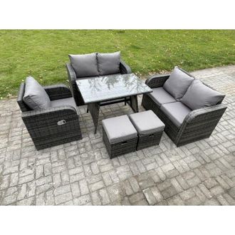 Fimous 6 Pieces Outdoor Garden Dining Sets Rattan Furniture With Dining Table Armchairs Love Sofa 2 Small Footstools Dark Grey Mixed - Fimous