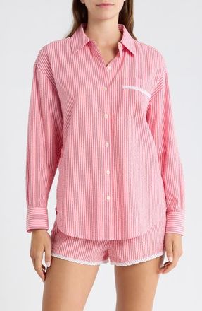 Open Edit Eyelet Trim Seersucker Cotton Pajama Top in Coral- Pink Hickory Stripe at Nordstrom, Size X-Large