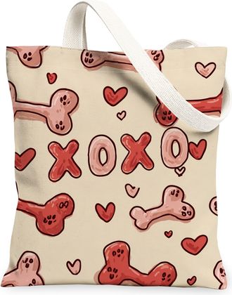 Generic Heart Pattern Canvas Tote Bags, Cute Bone Print Reusable Grocery Bags, ValentineS Day Lightweight Washable Shoulder Strap, Beige, 13x15 Inch