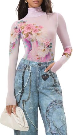 AFRM Zadie Turtleneck Printed Mesh Top in Marble Floral at Nordstrom, Size X-Small
