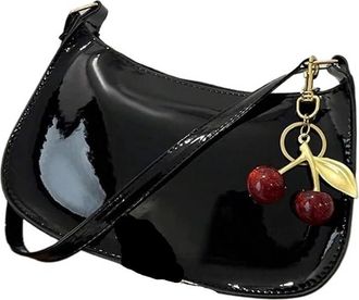 Generic Womens PU Leather Handbag Versatile Fashion Solid Color Cherry Pendant Shoulder Bag Casual Commuting Girl Underarm(BK)