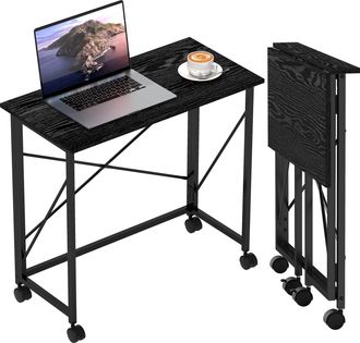 HOMCOM Folding Desk on Wheels - Writing Table for Home Office - Black | TJ Hughes