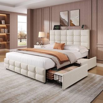 Merax 4ft6 Double Velvet Upholstered Bed with 4 Drawers & Charging Headboard in Beige