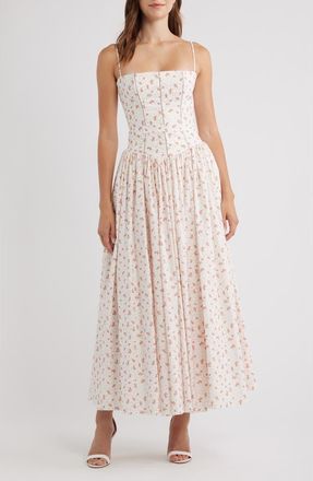 House of CB Ysabella Floral Stretch Cotton Maxi Sundress in White Rose Floral at Nordstrom, Size X-Large