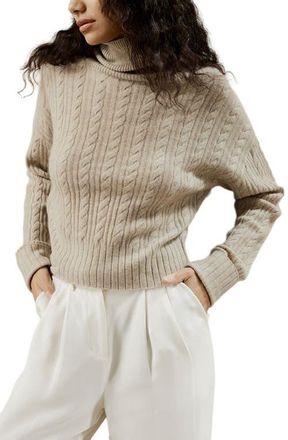 LilySilk Classic Cable Knit Turtleneck Sweater in Beige at Nordstrom, Size Medium