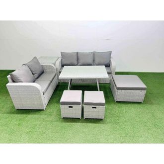 Fimous Outdoor pe Rattan Garden Furniture Set Rectangular Dining Table Sofa Set with 3 Stool Side Table Light Grey - Fimous