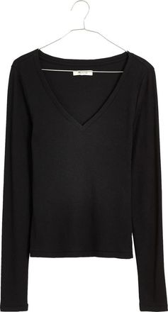 Madewell Long Sleeve V-Neck Rib Top in True Black at Nordstrom Rack, Size Xx-Small