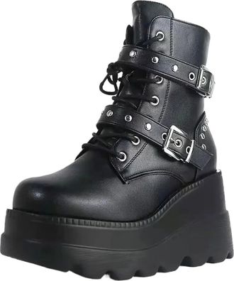 Generic Punk Women Pu Leather Ankle Booties Woman Autumn Winter Round Toe Lace Up Shoes Woman Motorcycle Platform Gothic Boots Cosplay(7.5US)