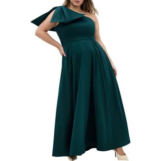 City Chic Captivate Bow One-Shoulder A-Line Gown in Deep Teal at Nordstrom Rack, Size Xs/14W