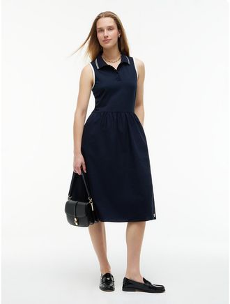Tommy Hilfiger Womens Mixed-Media Sleeveless Polo Midi Dress - Navy Blue - M