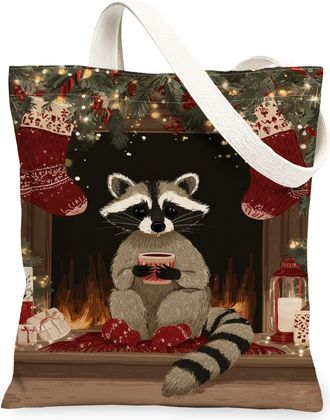 Generic Christmas Raccoon Canvas Tote Bags, Rustic Animal Pattern Reusable Grocery Bags, Winter Lightweight Washable Shoulder Strap for Travel Picnic 13x15 In