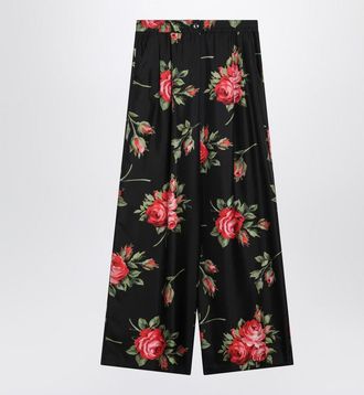 Dolce & Gabbana Wide Twill Trousers With Rose Bouquet Print