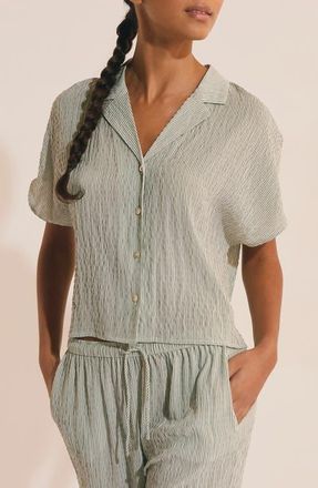 Etam Oselia Stripe Short Sleeve Chemise Button-Up Pajama Shirt in Imp Fond Vert at Nordstrom, Size X-Large