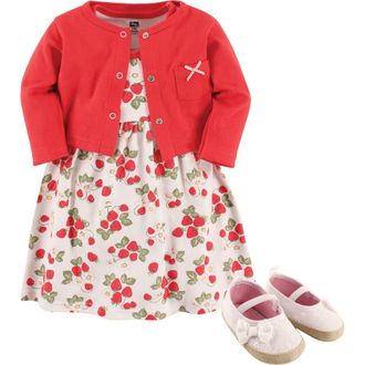Hudson Baby Cotton Dress, Cardigan and Shoe Set in Strawberry at Nordstrom, Size 12-18M