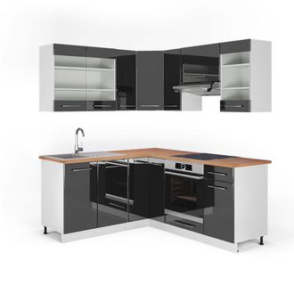 Vicco Cocina Esquinera Fame-line, Antracita Brillo Intenso/blanco, 160 X 190 Cm, Et Roble