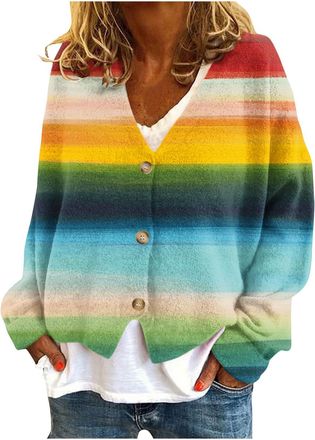 Generic Womens Fleece Coat UK Casual Long Sleeve Button Down V Neck Open Front Cardigan Fall Winter Striped Floral Print Tops Dressy Comfy Loose Fit Jacket Go