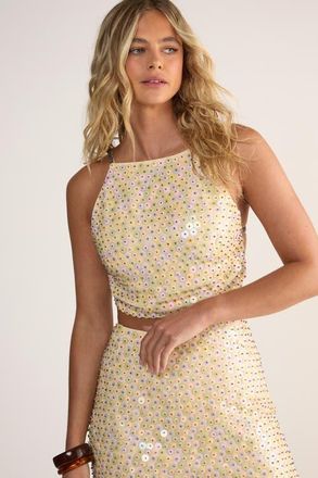 NASTY GAL Studded Sequin Beaded Strap Crop Top in Lemon at Nordstrom, Size 10