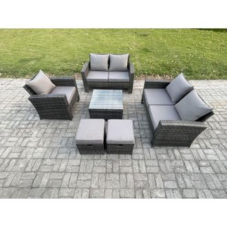 Fimous 7 Seater Outdoor Rattan Garden Furniture Set Conservatory Patio Sofa Coffee Table Set with Chair 2 Small Footstools Dark Grey Mixed - Fimous