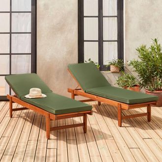 Sweeek Pair Of Multi-position Wooden Sun Loungers With Wheels in Khaki