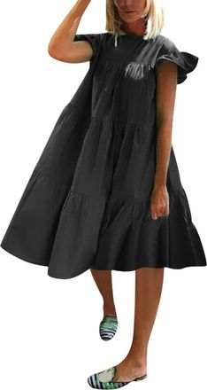 Generic Summer Midi Dresses for Women UK Casual Short Sleeve A Line Elegant Round Neck Smock Floaty Beach Sundress Holiday Black XXL