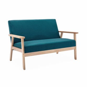 Sweeek Sof&aacute; o banco con tela y patas de madera, 2 plazas, azul