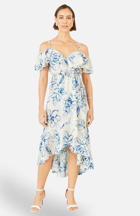 Yumi Floral Print Bardot Midi Dress in White at Nordstrom, Size 10