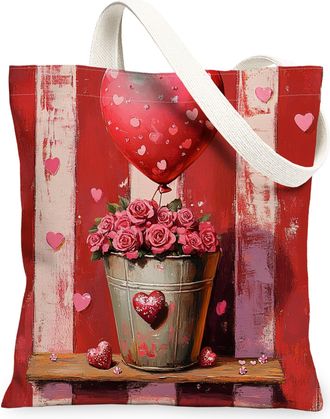 Generic Valentines Day Floral Canvas Tote Bags, Heart Pattern Reusable Grocery Bags, Romantic Vintage Lightweight Washable Shoulder Strap Canvas for Travel Ou
