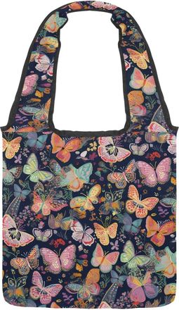 Generic Aesthetic Butterflies with Flowers Reversible Canvas Shoulder Tote - Double-Sided Print, 12oz Cotton, 27cm Drop, Fold-Flat Bag for Travel, Shopping, S
