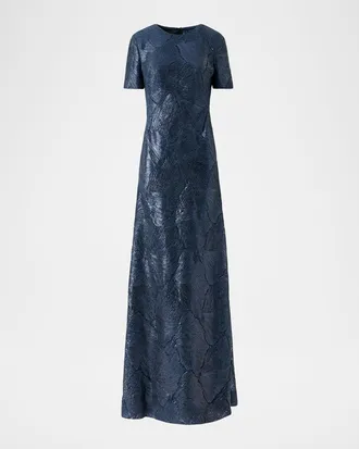 Akris Lacquered Sea Fan Lace Short-Sleeve Gown