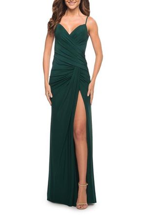 La Femme Net Jersey Long Ruched Gown with Slit and Open Back in Emerald at Nordstrom, Size 10