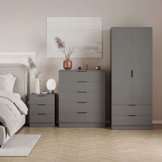 Home Discount Trega Bedroom Furniture Set 3pc - 3 Drawer Bedside, 5 Drawer Chest & 2 Door Wardrobe, Grey