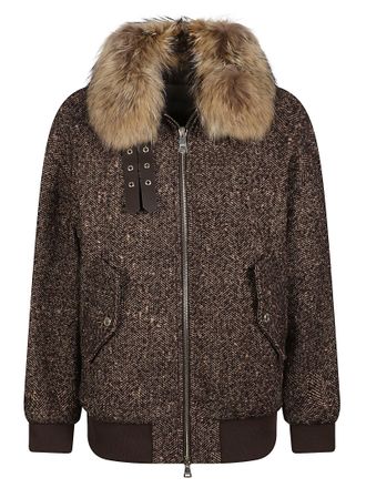 Ermanno Scervino Textured Brown Jacket with Plush Fur Collar and Zip Closure
