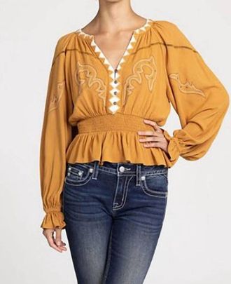 Miss Me Womens Long Puff Sleeve Knit Top In Camel
