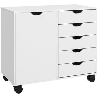 HOMCOM Homcom Cajonera De Escritorio Con 5 Cajones, Cajonera De Oficina Con Ruedas, Estante Ajustable, Soporte Para Impresora 78x40x66,5 Cm, Blanco